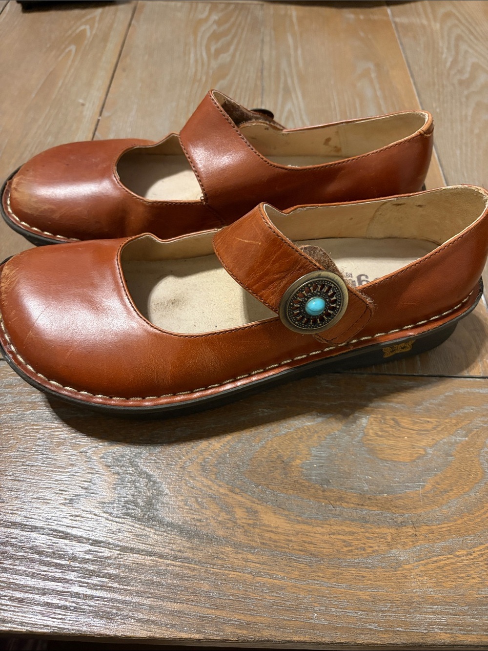 Alegria Brown Leather Mary Jane Flats with Turquoise Accent
